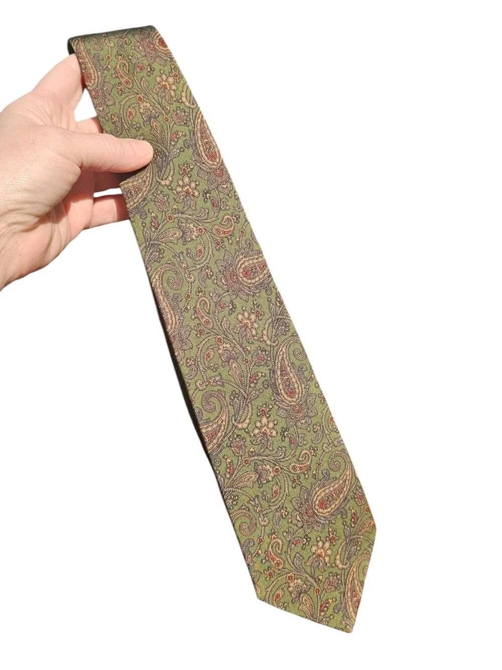 Vintage Burberrys of London Olive Green Paisley 100% Silk Tie Hand Made